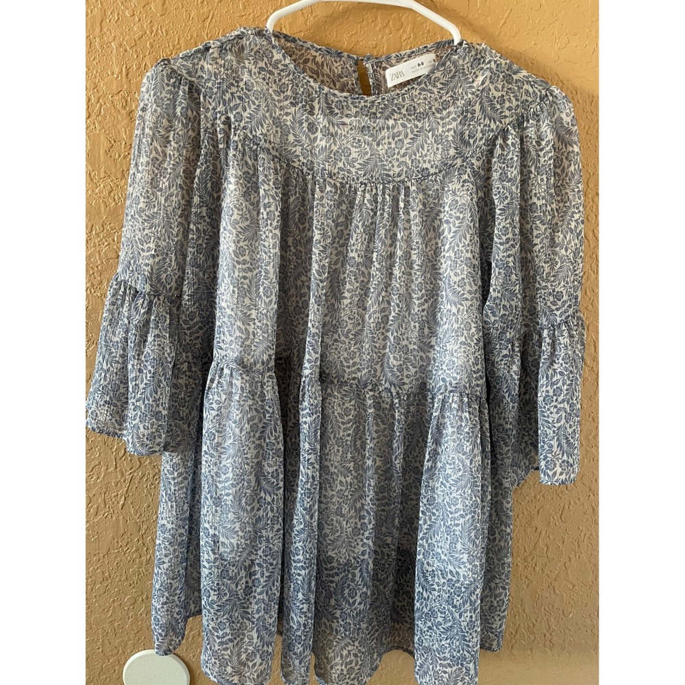 Girl's Blue White Floral Patterned ZARA Printed Fabric Tiered Dress Sz 8-9 Used